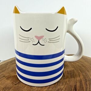 Parker Lane Coffee Tea Mug Cat With Sculpted Ears 16 Oz White And Blue Stripes
